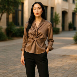 Cachet Vintage Mocha Shimmer Twisted Empire Waist 3/4 Cuff Sleeve Top Size 14